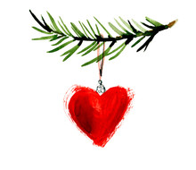 Red Heart Decorations On Pine Branch, Banner With White Background And Space For Text. Love, Christmas, New Year Concept. Christmas Holidays Mood. Atmospheric Still Life.