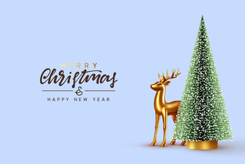 Wall Mural - Christmas lush tree with realistic metallic gold-colored deer. Holiday Xmas background. Festive with decorative objects, pine and spruce tree, gold glass reindeer. vector illustration