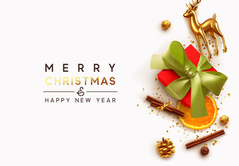 Merry Christmas and Happy New Year. Xmas composition realistic design elements, gift box, cinnamon, orange slice, chocolates, gold glass reindeer, metal deer. Holiday banner, poster, greeting card.