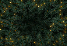 Christmas Tree Branches. Festive Xmas Border Of Green Branch Of Pine. Pattern Pine Branches, Spruce Branch. Glowing New Year Golden Garland, Space For Text. Realistic Design Decoration Elements.