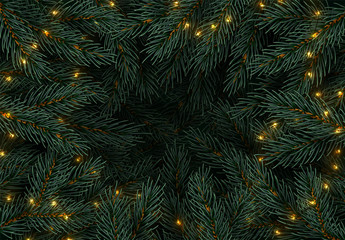 Wall Mural - Christmas tree branches. Festive Xmas border of green branch of pine. Pattern pine branches, spruce branch. Glowing New Year golden garland, space for text. Realistic design decoration elements.