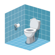 Washroom Interior With Toilet Bowl And Toilet Paper. Vector Illustration