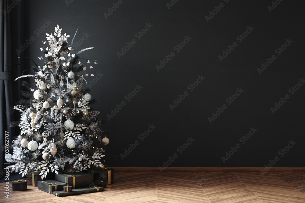 Christmas tree in black room interior, 3d render - obrazy, fototapety, plakaty 