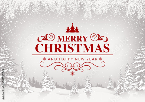 Photographie Merry Christmas Greeting Card with White Snowing Landscape and Red Lettering - F