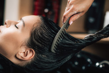 Hairdresser Brushing Woman’s Long Black Hair.