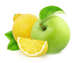 Composition with sweet and sour fruits - apple and lemon isolated on a white background in full depth of field with clipping path.