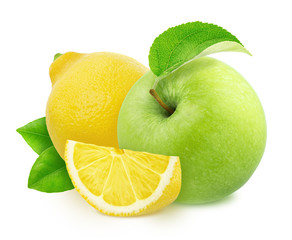 Wall Mural - Composition with sweet and sour fruits - apple and lemon isolated on a white background in full depth of field with clipping path.