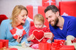 © be free - Together on valentines day. Lovely family celebrating valentines day. Happy parents. Family celebrate anniversary. Day to celebrate their love. Couple in love and baby girl. Valentines day concept