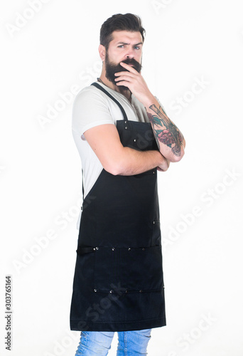 Serious Bearded Cook Restaurant Staff Hipster Professional Barista Apron Uniform Fast Food Restaurant Waiter Or Bartender Ready Serve Drink Bearded Hipster Wear Apron Man Cook Brutal Hipster Buy This Stock Photo