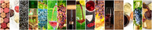 Wine Collage. A Panorama Of Many Photos Of Wine Glasses, Pouring Wine, Grapes At Vineyards, Corks, Tastings, Barrels, A Design For A Banner Or Flyer