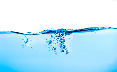  Blue water splashs wave surface with bubbles of air on white background.