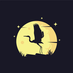 Wall Mural - Heron with Yellow Moon Background Logo Template