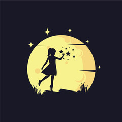 Poster - Kids Reaching Stars with Yellow Moon Background Logo Template