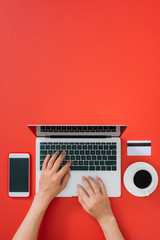 Top view of male hands making online payment. Holiday shopping.