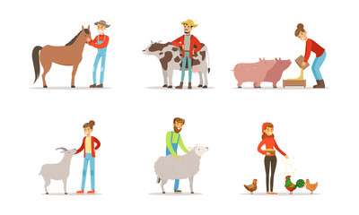 Canvas Print - Man and Woman Farmers Taking Care About Domestic Animals on the Farm Vector Illustrations Set.