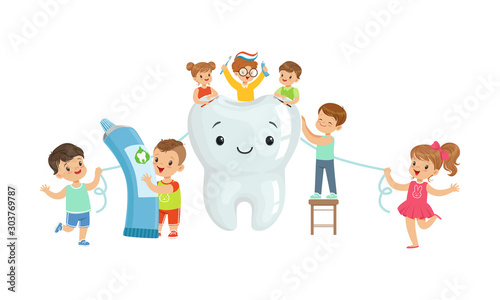 Fotografía Little Kids Taking Care of Tooth Purity Brushing it With Toothbrush Vector Illus