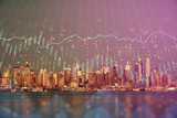 Fototapeta Nowy Jork - Financial graph on night city scape with tall buildings background double exposure. Analysis concept.