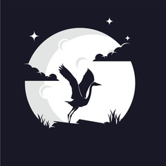 Wall Mural - Heron Silhouette with Moon Background Logo Template