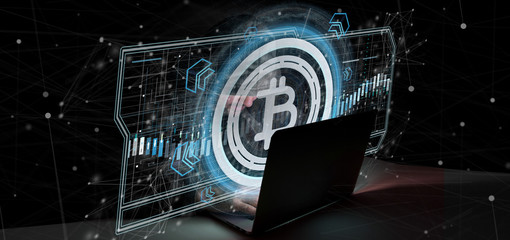 Poster - Hacker man holding a technology Bitcoin icon on a circle 3d rendering