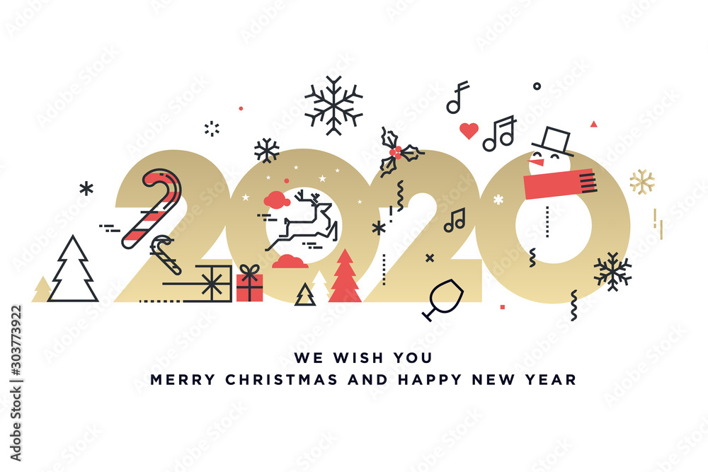 Merry Christmas and Happy New Year 2020. Modern vector illustration concept for background, greeting card, party invitation card, website banner, social media banner, marketing material. - obrazy, fototapety, plakaty 