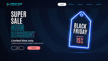 Landing Page Of Super Sales. Neon Label Black Friday. Vector