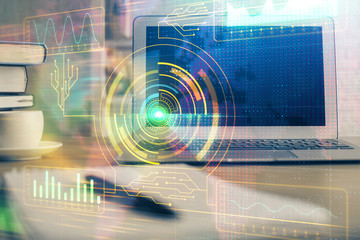 Multi exposure of computer on background and technology theme drawing. Concept of innovation.