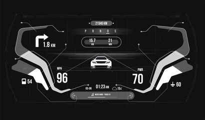 Poster - car HUD dashboard. Abstract virtual graphic touch user interface. concept of smart car technology. HUD vehicle interface with navigation mode.