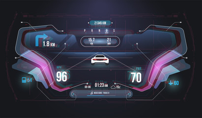 Poster - Speed hud kilometer performance indicators dashboard. Car Instrument Panel. Tachometer, Data Display and Navigation. Virtual graphical interface Ui HUD Autoscann. Virtual graphic.
