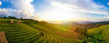 Panorama Aerial View Sunlight At Twilight Of Pa Bong Piang Terraced Rice Fields, Mae Chaem, Chiang Mai Thailand. Mountain Hills Valley At Morning In Asian, Vietnam. Nature Landscape Background.