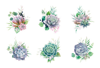 Wall Mural - Greenery and succulent, romantic bouquets for wedding invite or greeting card. element set.