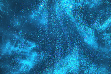 Wall Mural - Abstract elegant, detailed blue glitter particles flow with shallow depth of field underwater. Holiday magic shimmering underwater space luxury background. Festive sparkles and lights. de-focused