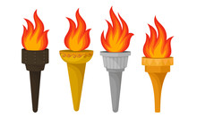 Different Torches With Brightly Burning Fire Vector Set