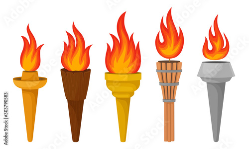 Fotomural Different Torches With Brightly Burning Fire Vector Set