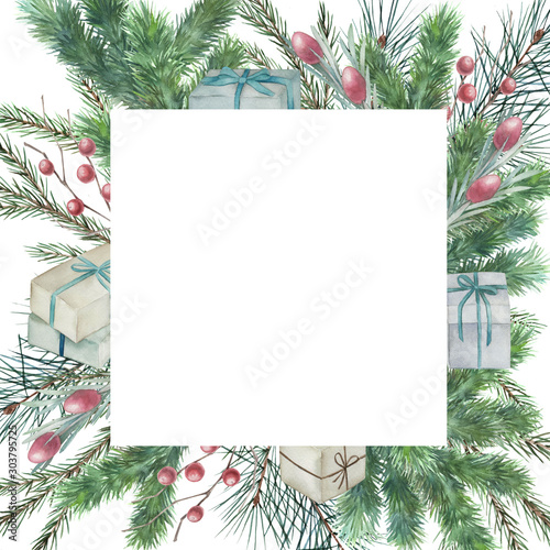 Greeting frame with Christmas tree branches, package, mistletoe, olive on whi...