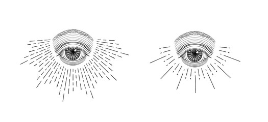 Vector all-seeing eye, eye in the sky with light ray, symbol of the Masons, Illuminati, monochrome hand drawn sketch