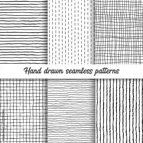 Cuadros en Lienzo Set of vector hand drawn checkered seamless pattern, messy striped endless ornament