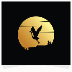 Poster - Heron Silhouette with Moon Background Logo Design Template