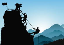Silhouette Of Three Men Climbing Mountain By Helping Each Other On Blue Mountains Background, Successful Teamwork Concept Vector Illustration