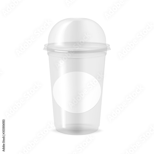 Download Clear Glossy Plastic Cup With Blank Round Label Sticker Vector Mock Up Empty To Go Beverage Mug With Dome Lid Mockup Stock Vector Adobe Stock