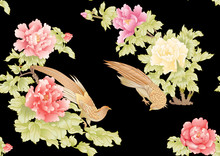 Peony Tree Branch With Flowers With Pheasants In The Style Of Chinese Painting On Silk Seamless Pattern, Background. Colored Vector Illustration. Isolated On Black Background..