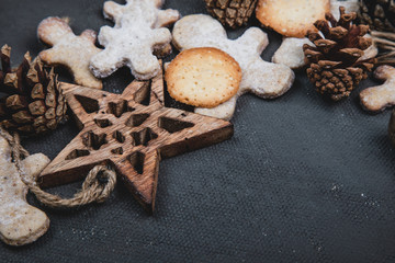 Wall Mural - Christmas gingerbread cookies and wooden Christmas tree toys