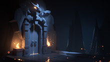 Mystical Dungeon With A Gate In The Rock And Burning Torches. Night Scene Of A Monochrome Game Location. Above The Stone Gates Is A Dragon Sculpture With Glowing Orange Eyes. 3d Illustration. Treasury
