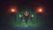 Prisoner in a dark medieval dungeon with stone walls, large metal jail door and torches. Necromancer in hooded mantle floating in the air imprisoned in shackles. Cartoon game location. 3d illustration