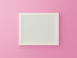© yayha - White blank photo frame on pink background in gallery. 3d render illustration. Empty mock up clean sweet picture on pastel texture. Valentines and minimal concept. Interior design. Horizontal.