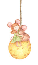Cute Girl Mouse Hug A Little Mouse Sitting On The Cheese Moon Hang From String Painted In Watercolor.