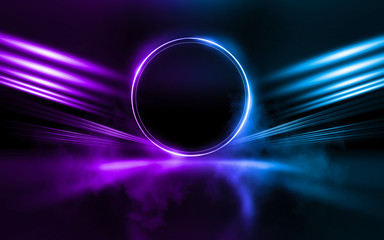 Fototapete - Empty show scene background. Reflection of a dark street on wet asphalt. Rays of ultraviolet neon light in the dark, neon shapes, smoke. Abstract dark background.