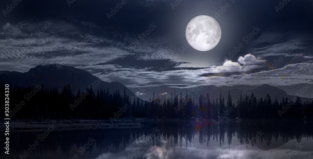 full moon over the lake - obrazy, fototapety, plakaty 