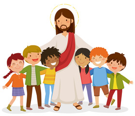 Wall Mural - Cartoon Jesus standing and hugging happy kids