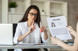 © stock28studio - HR manager tells potential worker about pros of working in company at job interview. Selective focus