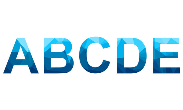 Set of blue vector polygon letters from A to E fonts. Low poly illustration of flat design.